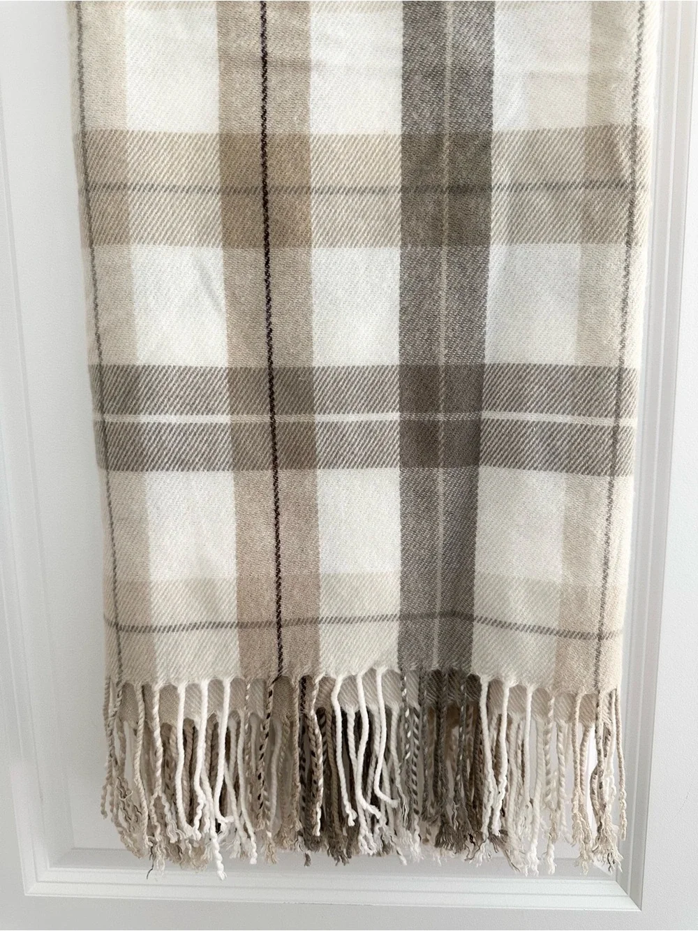 Fall Plaid Fringe Throw Blanket - Beige, Cream & Tan - Fall Harvest Decor